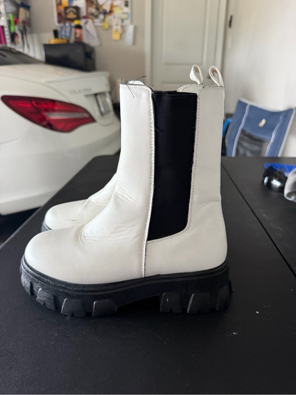 White Chelsea Platform Boots with Black Elastic Panels